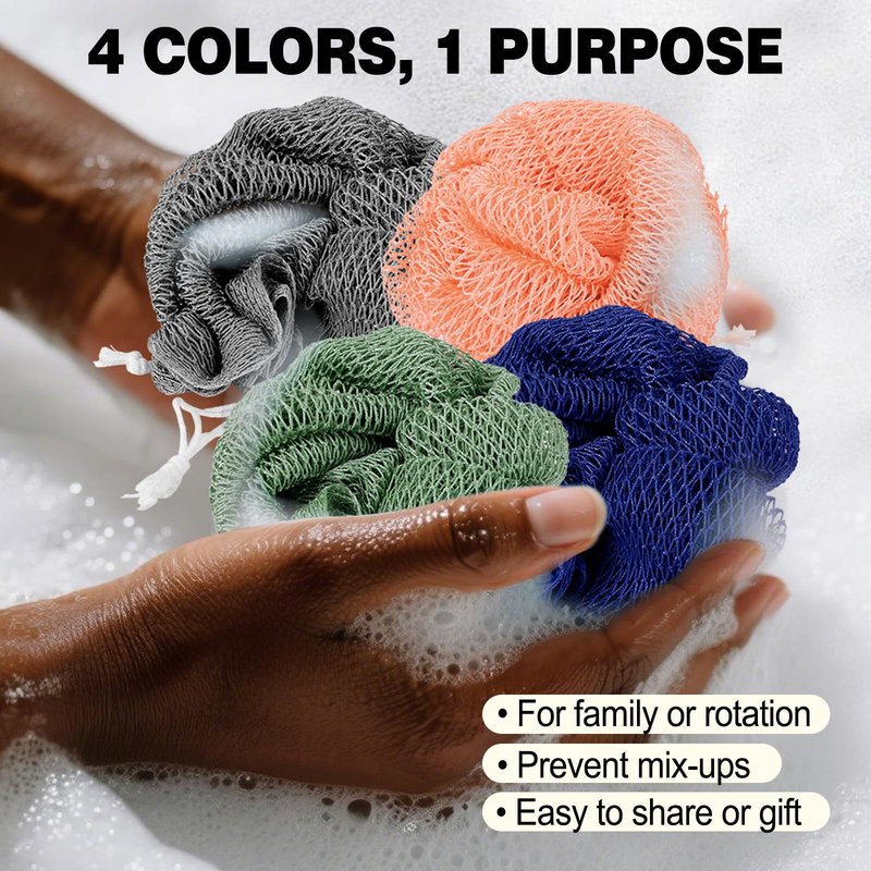 African Net Sponge Authentic-4 Packs African Exfoliating Net Sponge,Bath Sponges for Shower,42 inch Long for Normal to Sensitive Skin, for Daily use, Body Exfoliator Shower (Green,Pink,Blue,Grey)