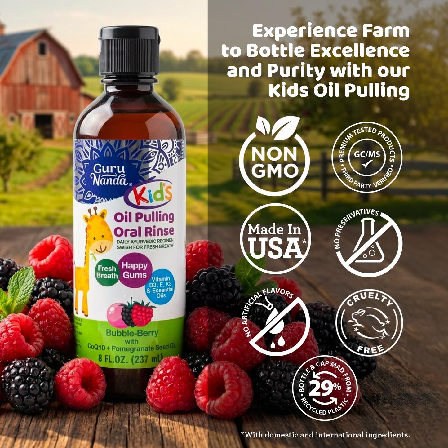 GuruNanda Kids Oil Pulling, Alcohol-Free Mouthwash, Essential Oils & Vitamins for Fresh Breath & Happy Gums for Ages 6 & up, Natural Bubble Berry, 8 Oz