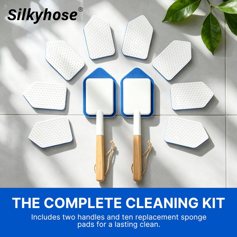 Tub Tile Scrubber Brush – 2 Pack with Wooden Handle, Includes 10 Melamine Sponge Eraser Heads | Non-Scratch Cleaner for Bathtub, Shower Wall, Grout, Kitchen Sink