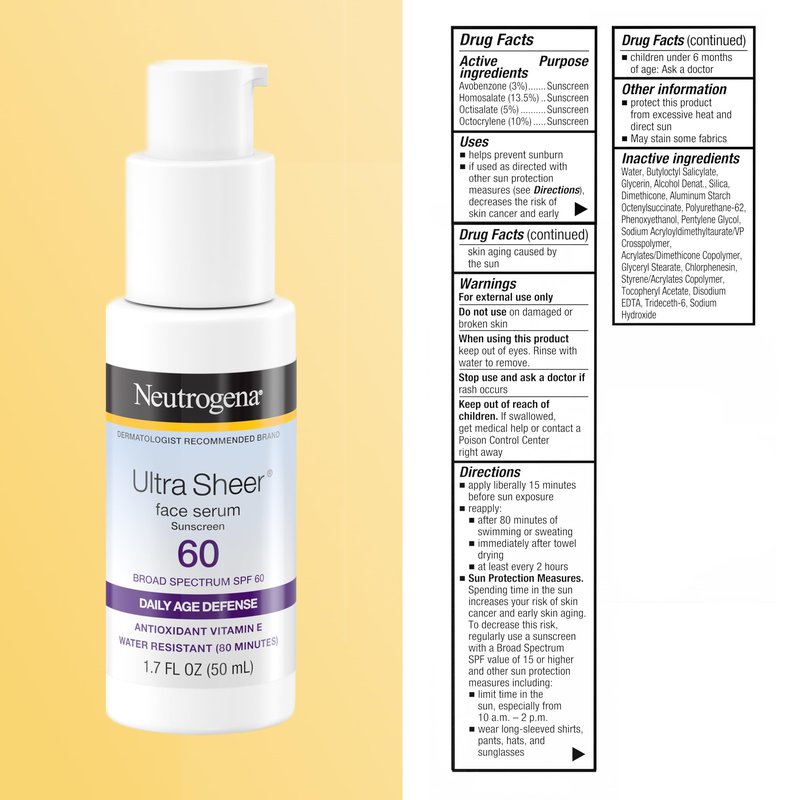 Neutrogena, Ultra Sheer Face Sunscreen with Vitamin E and SPF 60, Sunscreen for Face with Broad Spectrum Uva/Uvb Protection, Fragrance-Free, Oxybenzone-Free, Water-Resistant (80 minutes), 50.3 mL