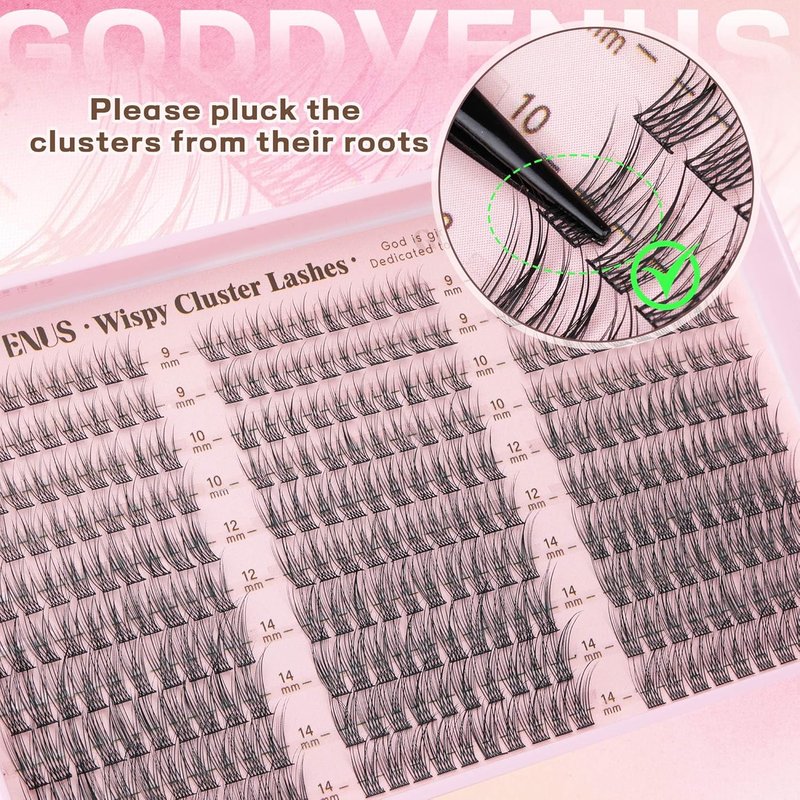 Goddvenus Lash Clusters Kit - 300pcs Wispy C Curl Eyelash Extensions | Natural DIY 9-14mm Clusters with Tweezers