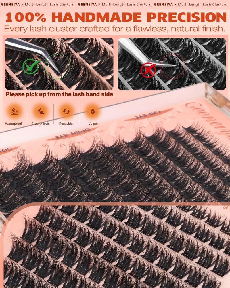 Geeneiya Fluffy Lash Clusters 8-16mm, Natural 3D Fluffy Effect Eyelash Clusters, C Curl DIY Cluster Eyelash Extensions for Salon-Like Lashes at Home