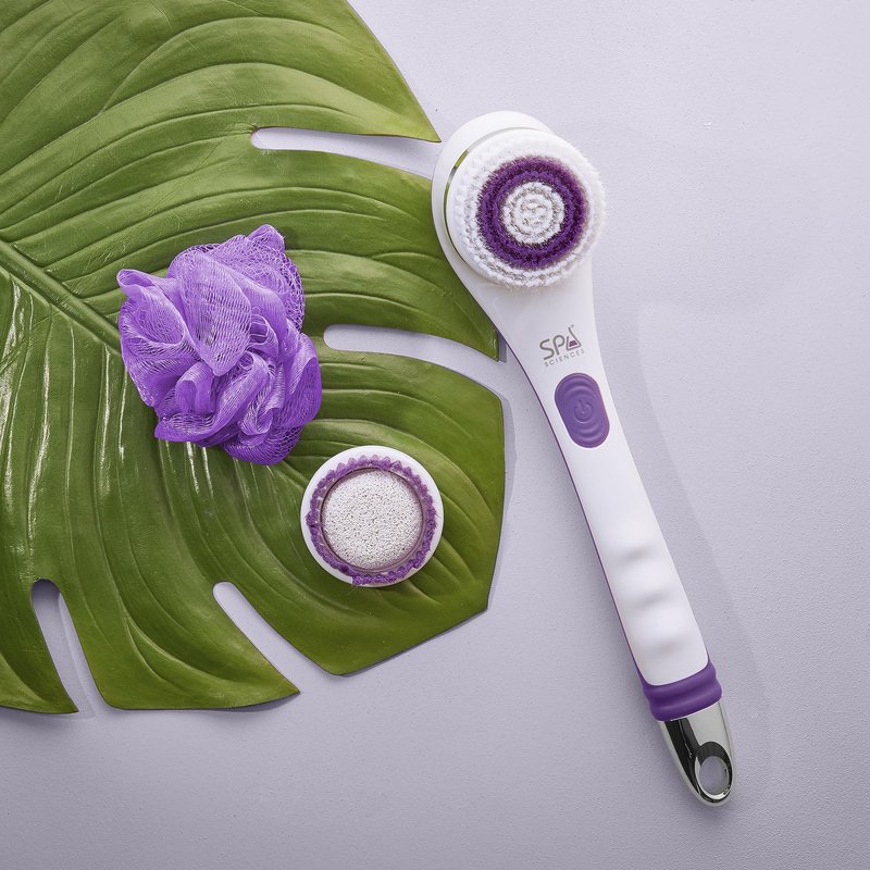 Spa Sciences - NERA - Power Shower Brush - 3-in-1 Multifunction Back & Body Brush - Exfoliation, Cleansing, Massaging - for All Skin Types - Includes Body Brush, Loofah, & Pumice Stone - USB Charging