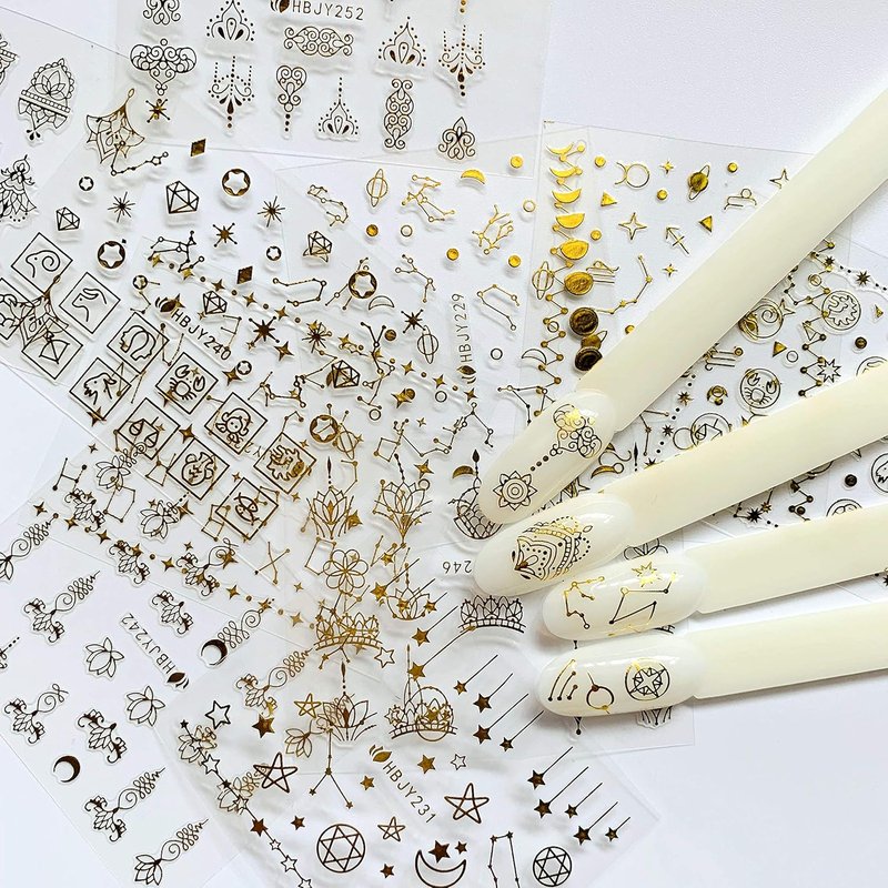 NAIL ANGEL Nail Art Stickers - 24 Sheets of Gold Moon, Star & Flower Designs for Creative Nail Deco
