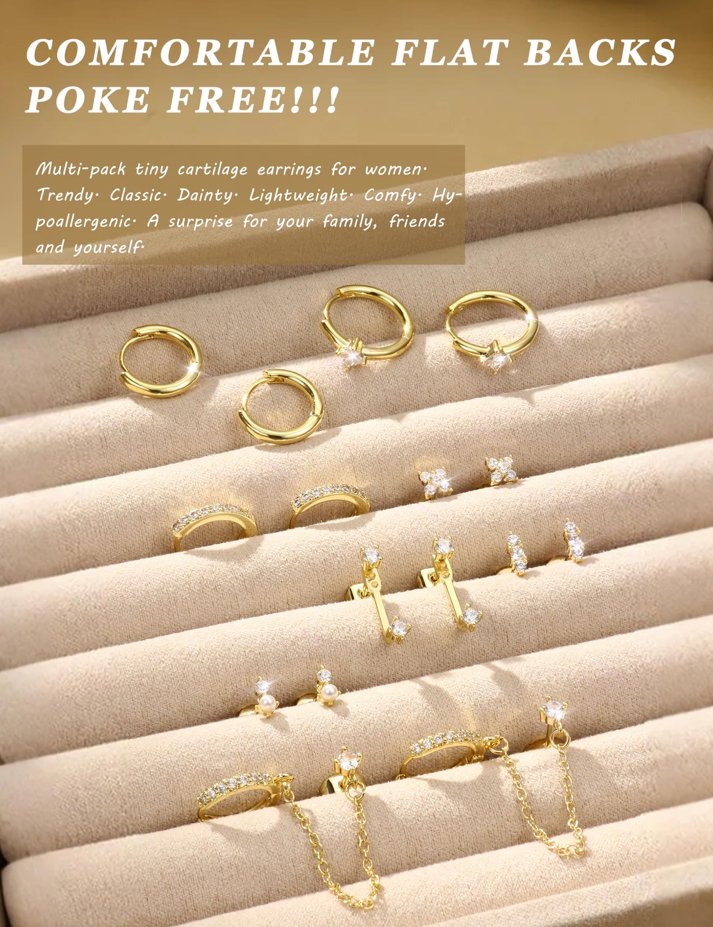 Dochais Hypoallergenic Flatback Stud Hoop 14K Gold Plated Earrings Stacks - Surgical Stainless Steel Earring Set Chain Cartilage Earrings - Small Ear Piercing Flat Back Earring for Women Trendy