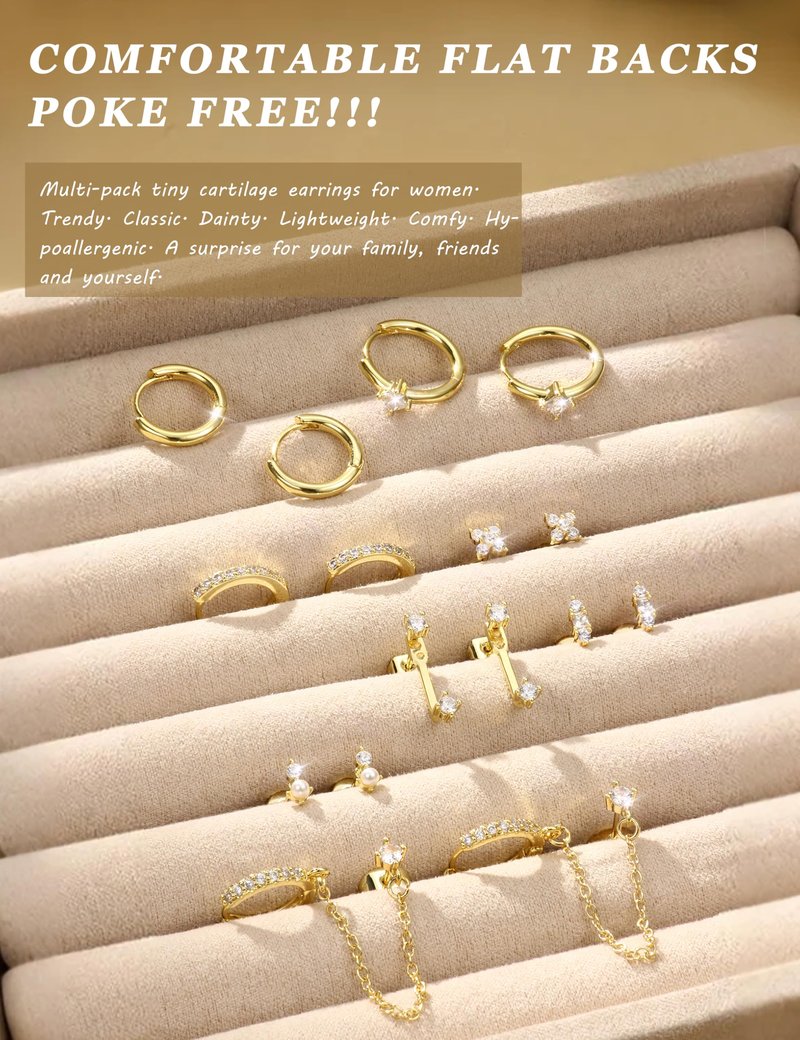 Dochais Hypoallergenic Flatback Stud Hoop 14K Gold Plated Earrings Stacks - Surgical Stainless Steel Earring Set Chain Cartilage Earrings - Small Ear Piercing Flat Back Earring for Women Trendy
