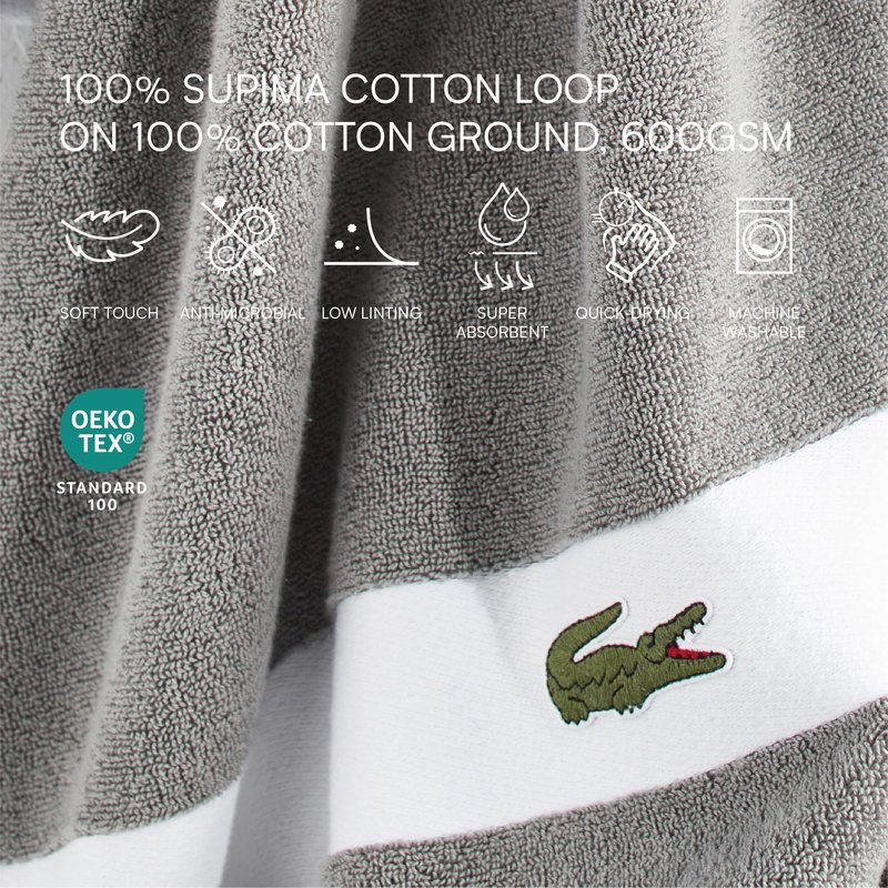 Lacoste Sport Stripe 6-Piece Luxury Cotton Towel Set – Made with 100% Soft Supima Cotton, Absorbent & Quick-Drying, Includes 2 Bath Towels, 2 Hand Towels, 2 Washcloths, Meteorite