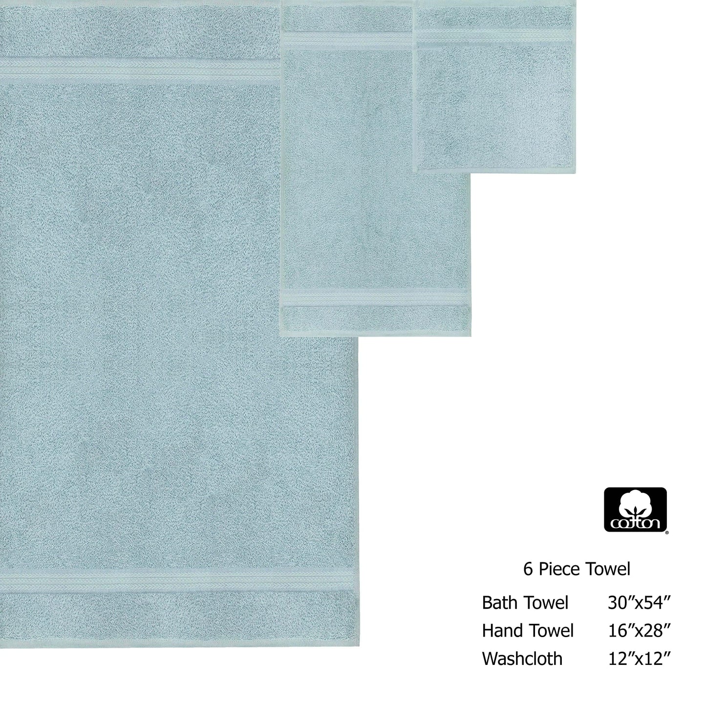 COTTON CRAFT Ultra Soft 6 Piece Towel Set - 2 Large Bath Towels, 2 Hand Towels, 2 Washcloths - Absorbent 580 GSM Quick Dry Everyday Luxury Hotel Bathroom Spa Gym Shower Pool - 100% Cotton - Light Blue