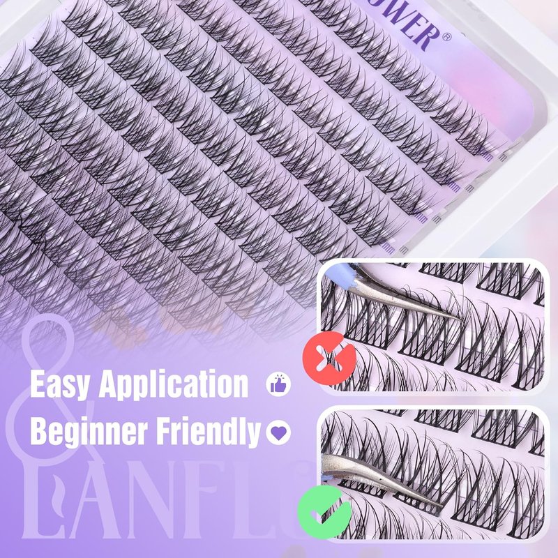 Lanflower Natural Lash Clusters Kit - Waterproof Wispy Eyelash Extensions | 144pcs, 10-16mm Sizes