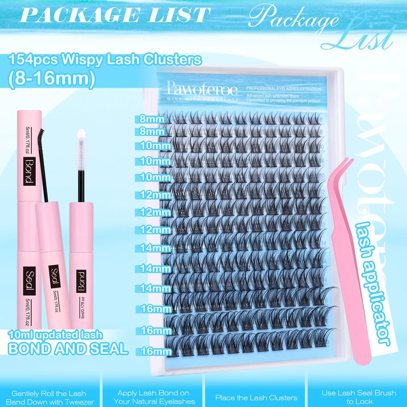 Pawotence Lash Clusters Kit Wispy Lash Extension Kit 8-16mm Natural Cluster Eyelash Extension Kit Individual Lashes 154pcs Eyelash Clusters with Lash Bond and Seal, Lash Tweezers for Self Use