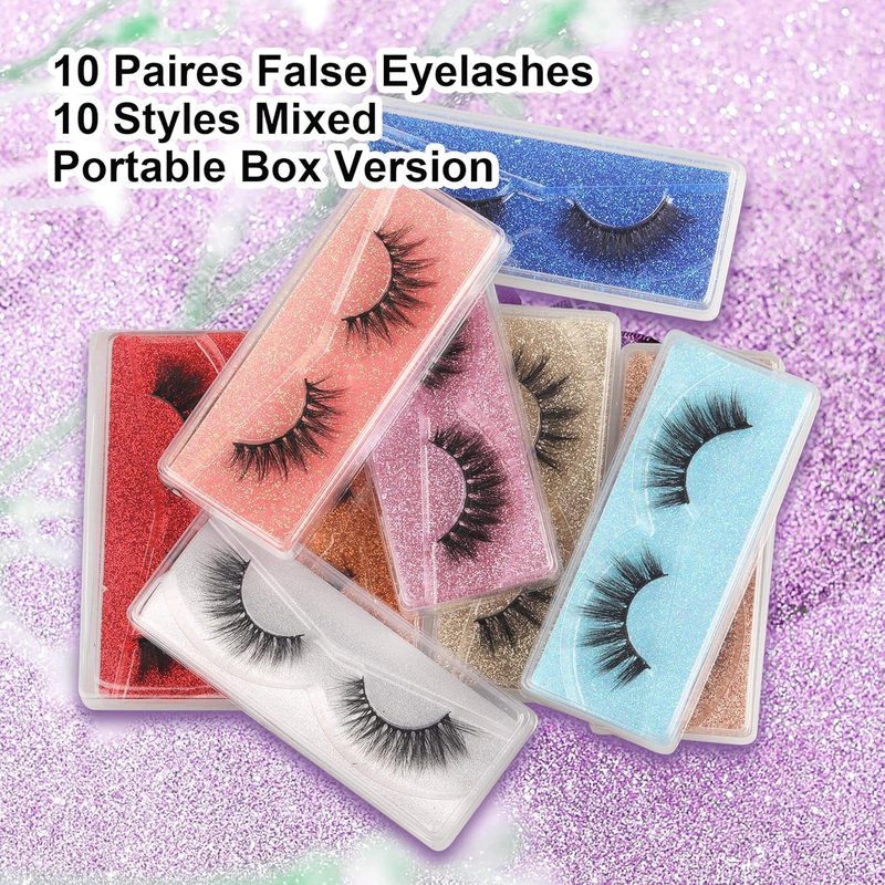 Skiennix 3D Faux Mink False Eyelashes - Wispy 18mm, Soft & Reusable | 10 Pairs in Glitter Boxes