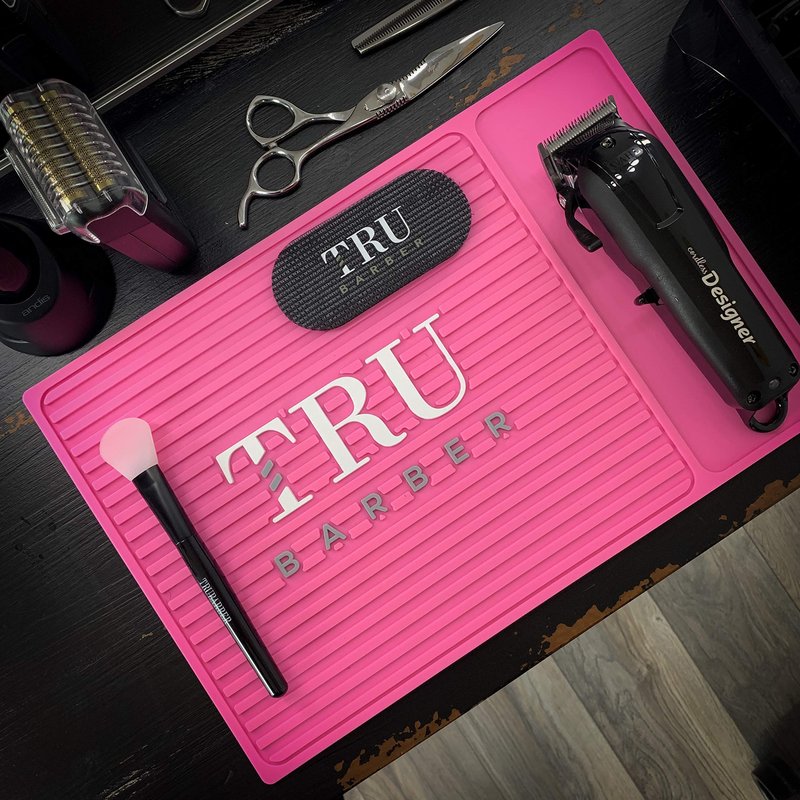 TRU BARBER MAT 13”X 9” (PINK) Flexible PVC Station Mat, Professional Mat, Salon and Barbershop work Station pads, Beauty salon tools hair stylist, Counter mat for clippers, Anti-slip