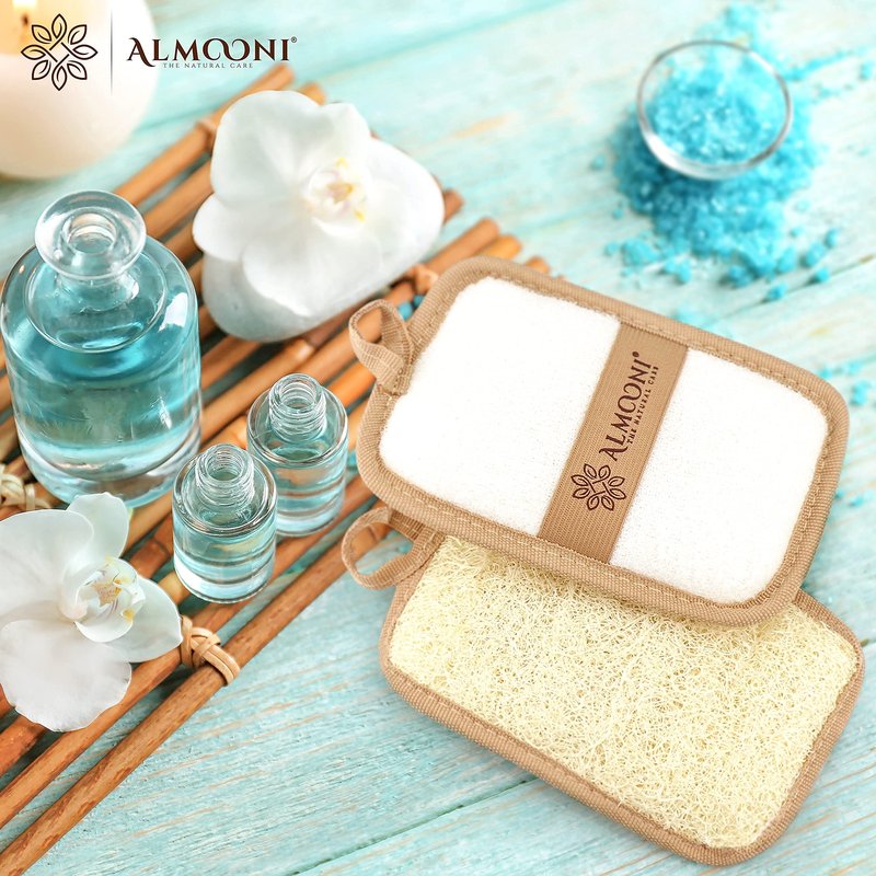 Almooni Premium Egyptian Exfoliating Loofah Pad Body Scrubber - Rectangular loofa Shape - Made with Natural Egyptian Shower lufa Sponge that Gets You Clean, Not Just Spreading Soap (2 Pack)