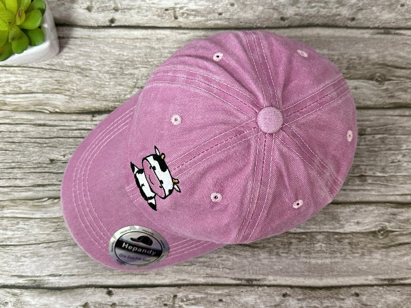 Hepandy Embroidered Cute Cow Hat for Girl, Washed Pink Baseball Cap for Kids, Embroidery Adjustable Trucker Hats for Child