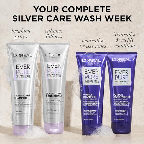 L'Oreal Paris EverPure Silver Care Sulfate Free Conditioner, Brightening and Nourishing Hair Care for Gray and Silver Hair, Vegan Formula with Peptides, 8.5 Fl Oz