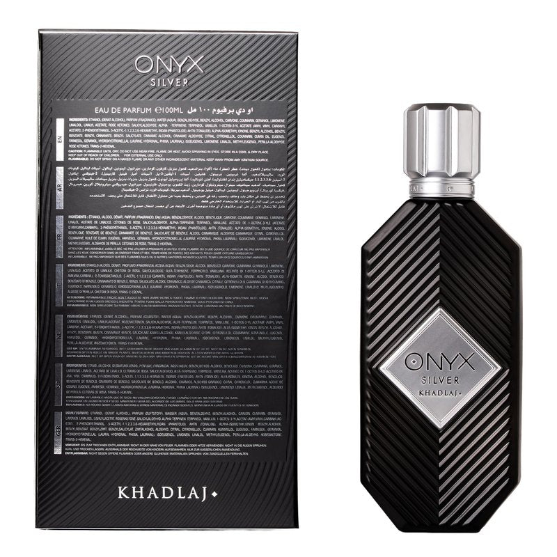 Khadlaj Onyx Silver – Fresh, Spicy, Woody, Amber – Eau de Parfum Spray Long-Lasting Fragrance for Men, 3.4 Ounce / 100ml