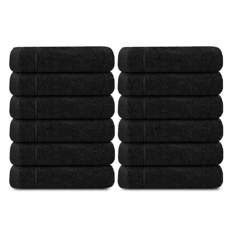 Tens Towels Pack of 12 Washcloths, 12 x 12 Inches, Lighter Weight, Quick to Dry, Super Soft & Absorbent, Gentle Face Towels, Hotel Quality, Perfect for Bathroom, Gym, Spa (Black, 12 Pack)