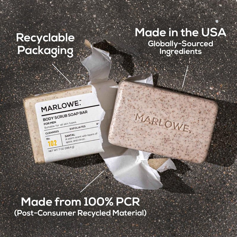 MARLOWE. No. 102 Body Scrub Soap 7 oz, Santal, Exfoliating Soap Bar with Shea Butter, Olive Oil & Green Tea Extracts, Cleanses, Smooths & Revitalizes Skin, Warm Amber, Spice & Citron Scent