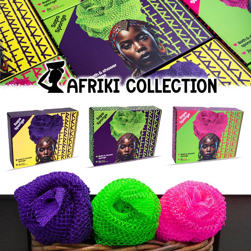 African Net Sponge, Premium Authentic Exfoliating Body Scrubber, Extra Long Stretch Bath Sponge for Shower, Deep Exfoliating Washcloth for Smooth Skin, 2 Pack (Purple & Green)