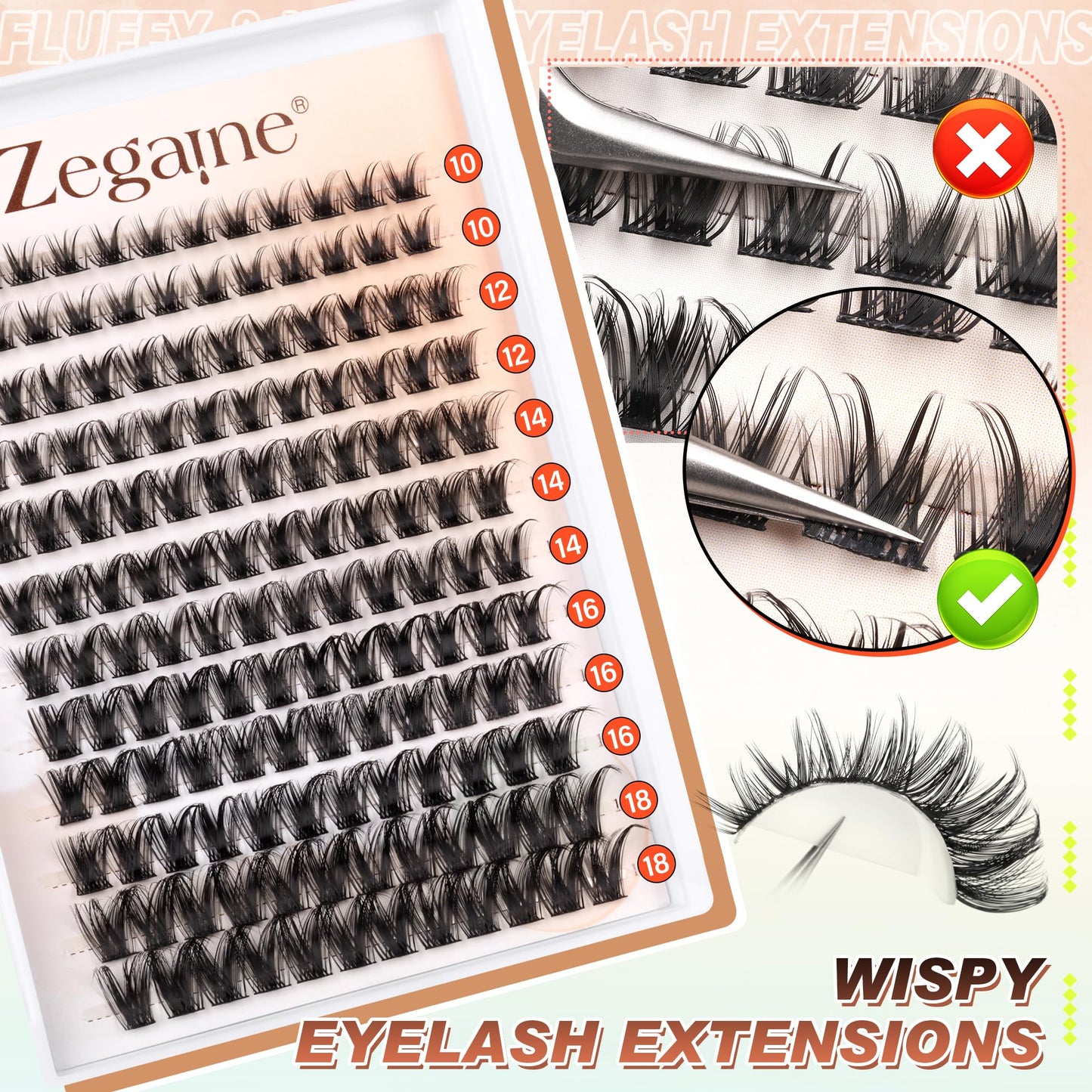 Wispy Lash Clusters Natural Eyelash Clusters Wispy Cluster Eyelash Extensions Manga Cluster Lashes Natural Lash Clusters 10-18MM D-Curly Wispy Individual Lashes 144Pcs by Zegaine