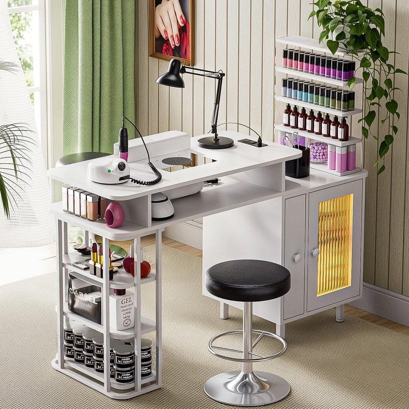 Kikihouse Manicure Table with LED Light, Nail Desk Nail Tech Table w/Dust Collector & Charging Station, Nail Station w/Removable Acrylic Storage Shelf, Drawers & Glass Door Cabinet, White