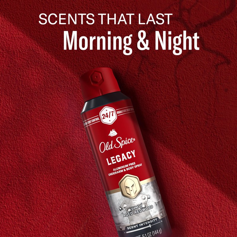 Old Spice Aluminum Free Body Spray for Men, 24/7 Signature Scent & Lasting Freshness, All-Day Odor Protection, Easy Application, Legacy with Coconut, Pine & Cedar Scent, 5.1 oz