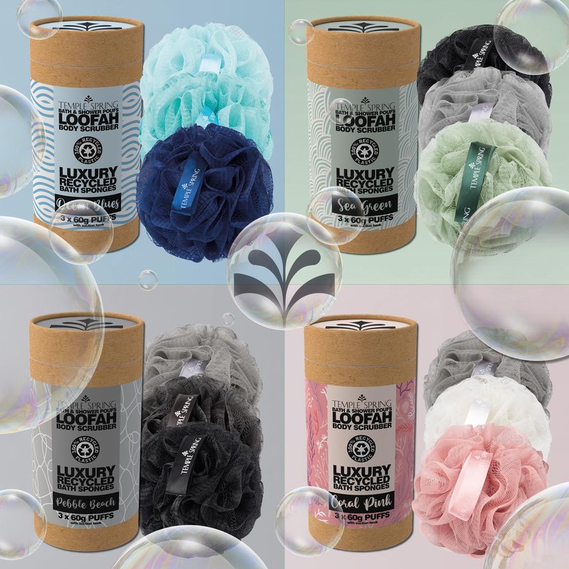 Temple Spring Soft Mesh Shower Loofah Sponge 3-Pack (60g Each) — Gentle Exfoliating Body Scrubber for Rich Lather & Smooth Skin, Bath Sponge for Women & Men, 100% Recycled Materials with Suction Hook