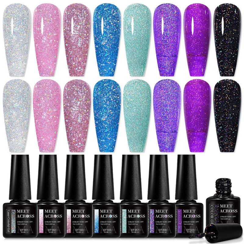 MEET ACROSS Glitter Gel Nail Polish Set for Nails 8 Colors Including Sparkly Shiny UV LED Soak Off Black Purple Pink Blue Gel Polish Kit Home DIY Manicure Nail Salon Varnish