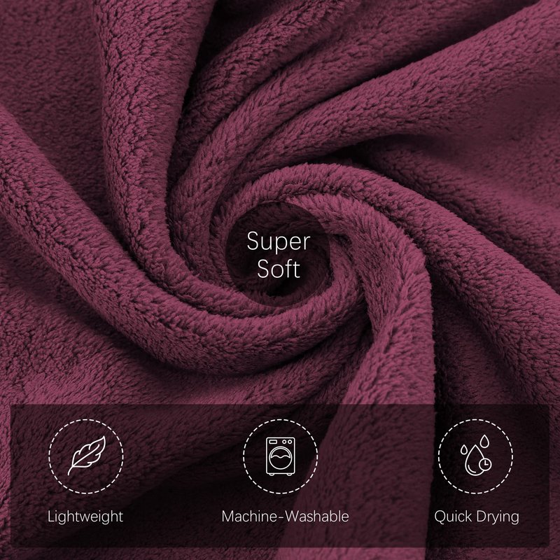 TENSTARS Microfiber Coral Velvet Luxury Silk Hemming Towel Set - Light Thin Quick Drying - 2 Bath Towels, 2 Hand Towels, 2 Washcloths - Burgundy 6 Pieces