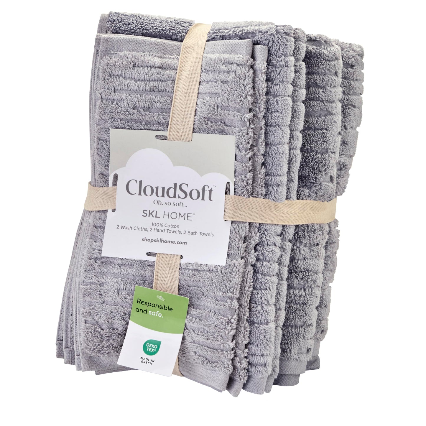 SKL Home CloudSoft 100% Cotton Luxury 6-Piece Towel Set, 600 GSM, Ultra Plush & Absorbent - 2 Bath Towels, 2 Hand Towels, 2 Washcloths, Gray