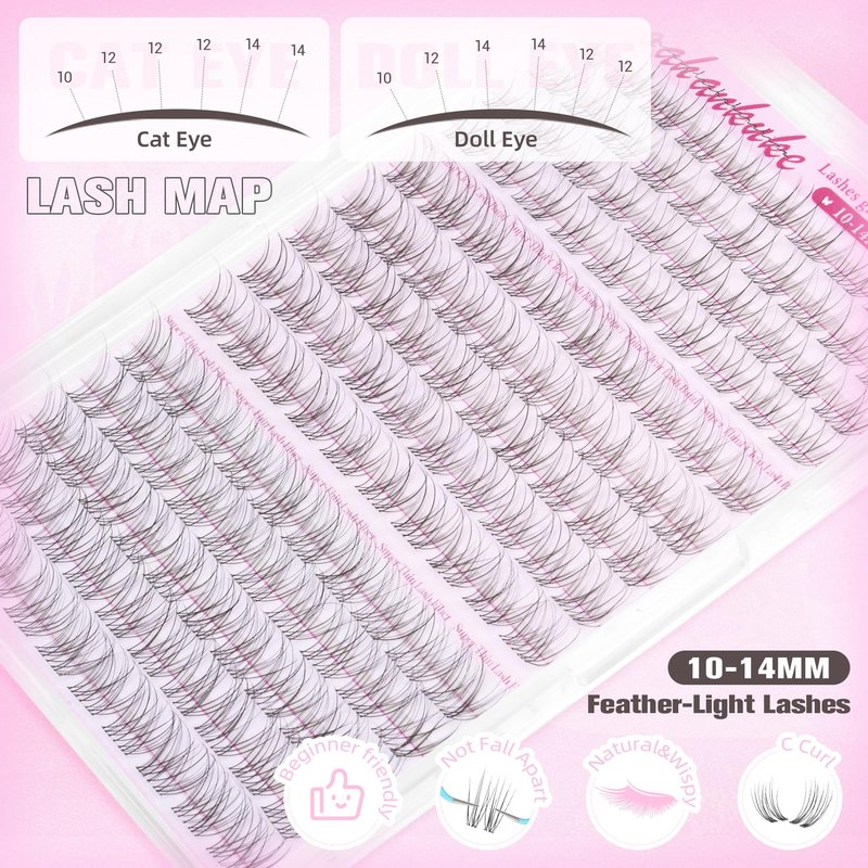 Natural Lash Clusters 10-14MM Short Eyelash Clusters Wispy Cluster Lashes Invisible Band Cluster Eyelash Extensions C Curl Individual Lashes for Clean Girl Make Up