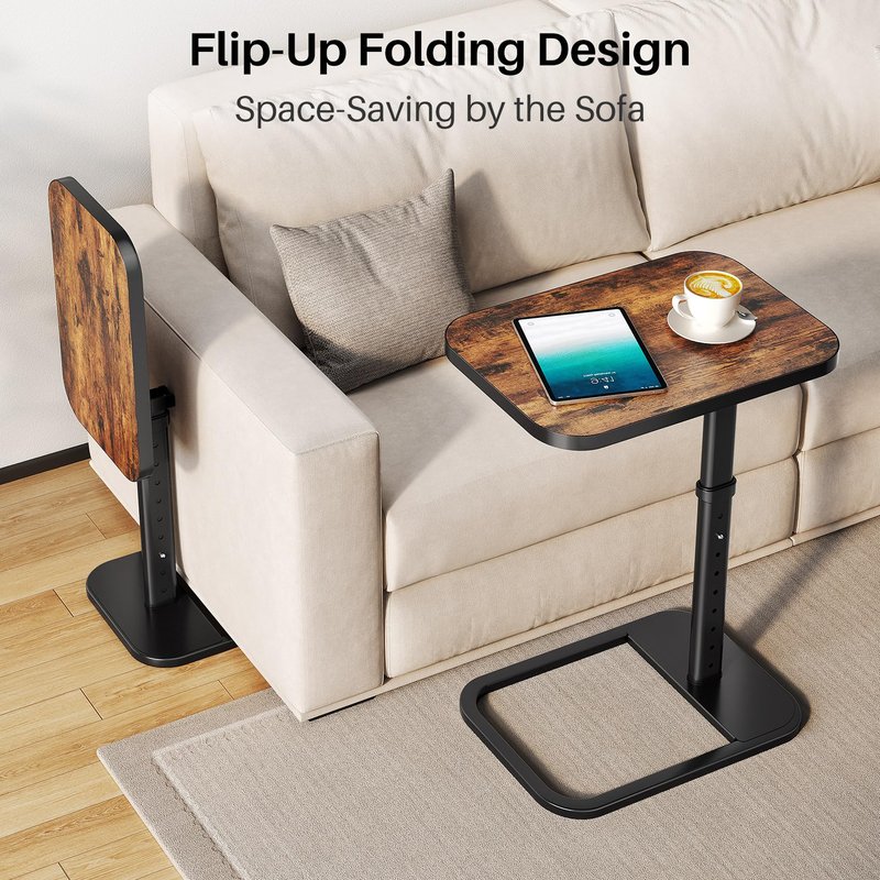 Branwick Adjustable Height TV Tray Table for Couch Eating & Small Spaces, Flip-Top Sofa Side Table with Safe Rounded Corners for Living Room, Bedroom & Apartment, Portable Laptop Snack Table, Brown