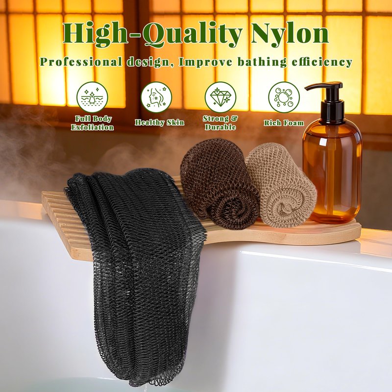 African Net Sponge Authentic, 3 Pieces Exfoliating Scrubber Bath Sponge for All Skin Types, Back Scrubber Loofah Washcloth for Shower, Gentle Exfoliation (Linen,Brown,Black)