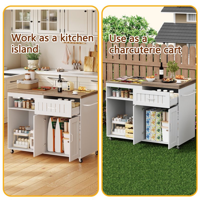 WLLPNG 47.2" Rolling Kitchen Island with Storage and 9 Stainless Steel Food Pans, Kitchen Island with Drawers and Foldable Prep Surface, Charcuterie Cart Island Table for Kitchen Party