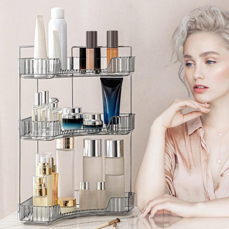 INVSSENE Corner Bathroom Countertop Organizer - 3-Tier Vanity Makeup & Perfume Storage | Smoky Gray