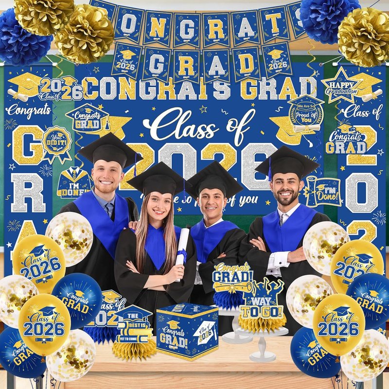 Graduation Decorations Class of 2026 - Blue & Gold Congrats Grad Set | Banner, Backdrop, Balloons & More