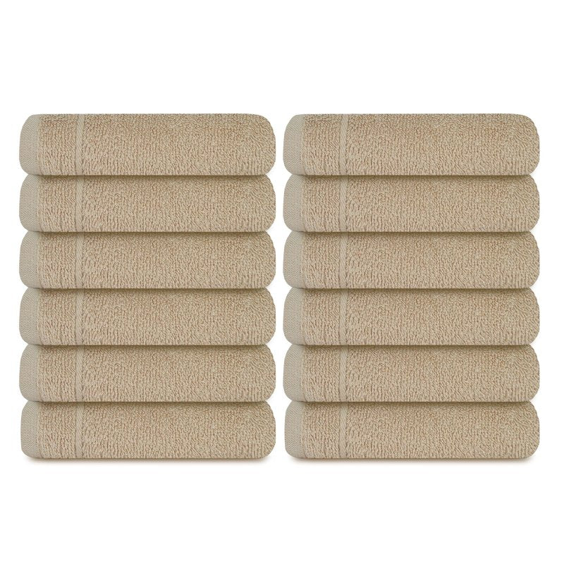 Tens Towels Pack of 12 Washcloths, 12 x 12 Inches, Lighter Weight, Quick to Dry, Super Soft & Absorbent, Gentle Face Towels, Hotel Quality, Perfect for Bathroom, Gym, Spa (Beige, 12 Pack)