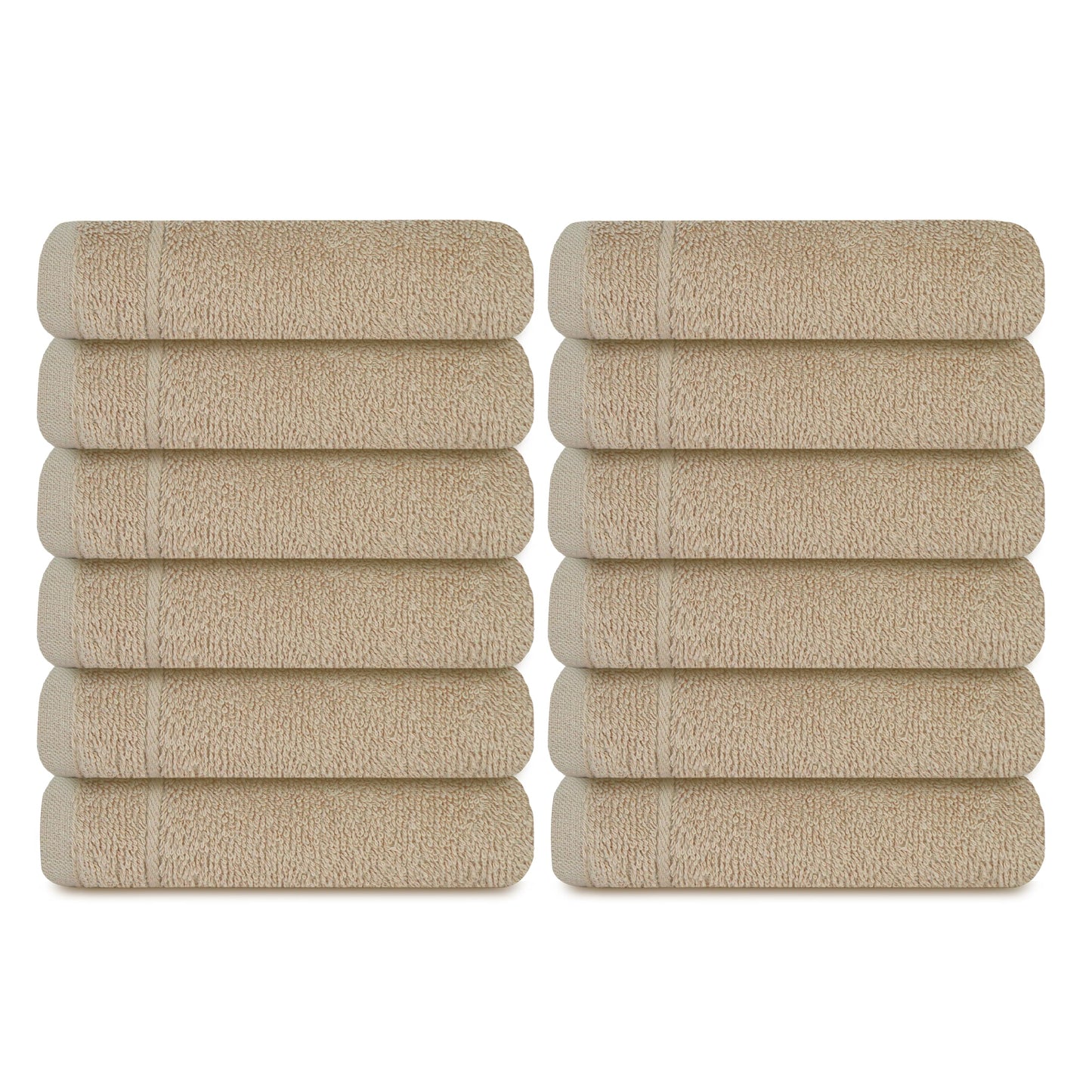 Tens Towels Pack of 60 Washcloths, 12 x 12 Inches, Lighter Weight, Quick to Dry, Super Soft & Absorbent, Gentle Face Towels, Hotel Quality, Perfect for Bathroom, Gym, Spa (Beige, 60 Pack)
