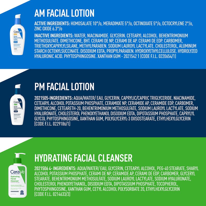 CeraVe AM Face Moisturizer with SPF, PM Face Moisturizer & Hydrating Face Wash Skin Care Routine for Morning & Night | Travel Size Toiletries | 3oz Lotion + 3oz Lotion + 3oz Cleanser