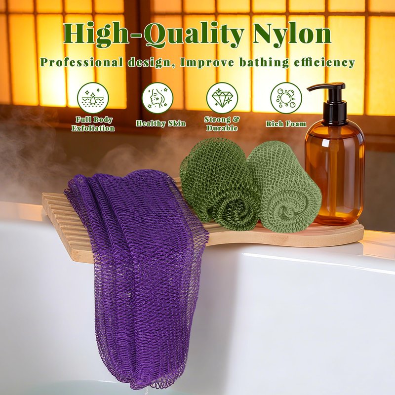 African Net Sponge Authentic, 3 Pieces Exfoliating Scrubber Bath Sponge for All Skin Types, Back Scrubber Loofah Washcloth for Shower, Gentle Exfoliation (Dark Green,Light Green,Purple)