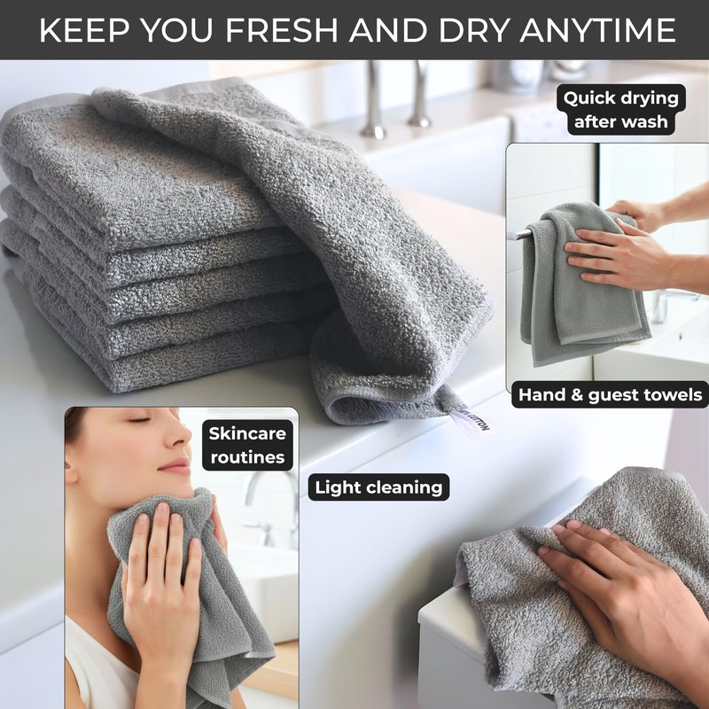 LIVINATI Gray 100% Cotton Wash Cloths for Showering Body and Face - 12"X12" 6 Pack Washcloths - Small Terry Towel Bath Rags for Adults and Kids Bathroom - Soft Absorbent