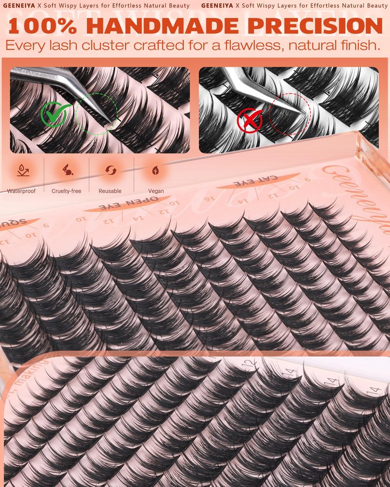 Geeneiya Wispy Lash Clusters, 9-16MM Natural Eyelash Clusters, DIY Cluster Eyelash Extensions, C Curl Lashes Clusters for Beginners
