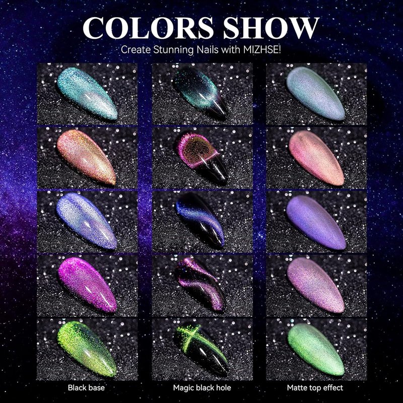 MIZHSE 9D Cat Eye Gel Nail Polish Set - Glitter Chameleon Magnetic Gel with Black & 2 Magnet Sticks