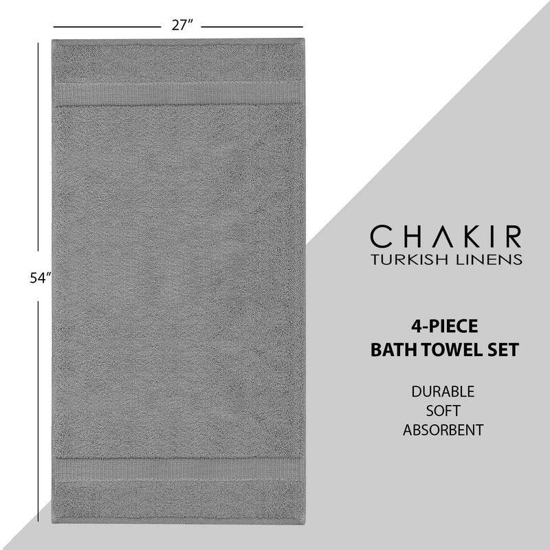 Chakir Turkish Linens 4 Piece Bath Towel Set, 100% Cotton Luxury Turkish Towels for Bathroom, Soft Absorbent Bath Towels, 27 x 54 Inches, Gray