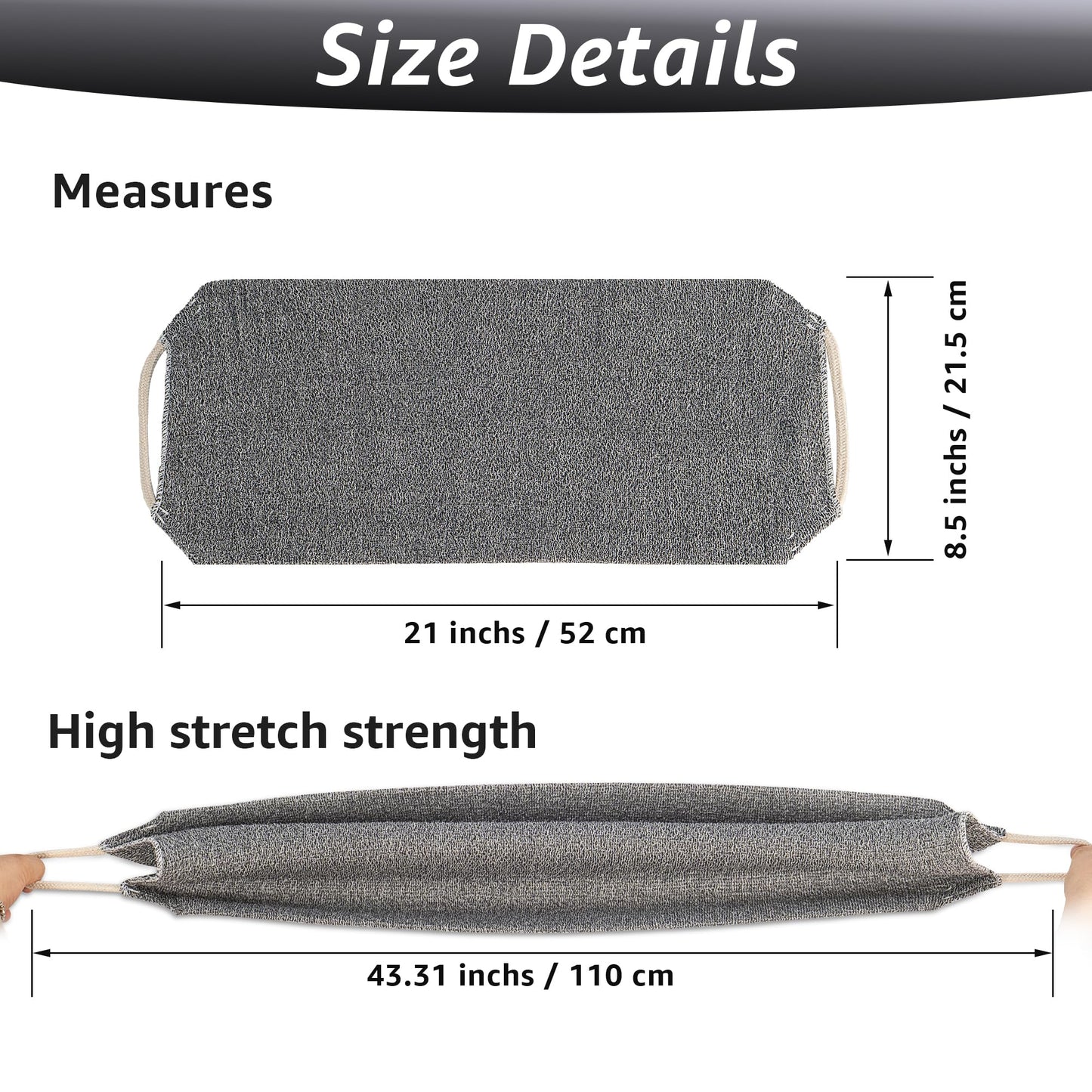 Culture Gifts Extended Exfoliating Back Scrubber with Handles, Nylon Cleaning Exfoliator Washcloth for Body, Stretchable Pull Strap Soft Quick-Drying Rough Scrub Towel, Grey