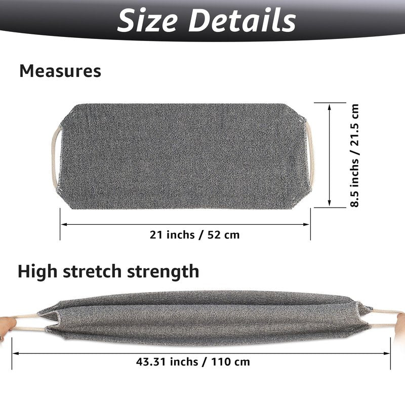 Culture Gifts Extended Exfoliating Back Scrubber with Handles, Nylon Cleaning Exfoliator Washcloth for Body, Stretchable Pull Strap Soft Quick-Drying Rough Scrub Towel, Grey