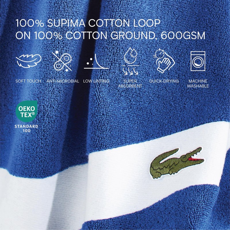 Lacoste Sport Stripe 6-Piece Luxury Cotton Towel Set – Made with 100% Soft Supima Cotton, Absorbent & Quick-Drying, Includes 2 Bath Towels, 2 Hand Towels, 2 Washcloths, Surf Blue