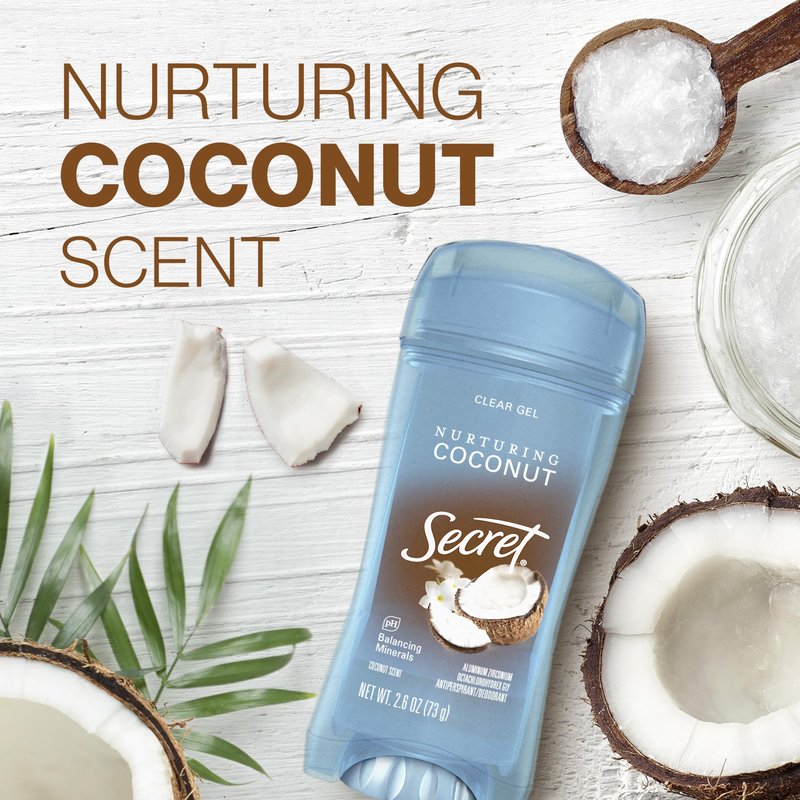 Secret Fresh Antiperspirant Deodorant for Women, 72hr Breathable Sweat & Odor Protection, Instant Freshness & Gentle, PH Balancing Minerals, Clear Gel, Nurturing Coconut Scent, 2.6 oz (Pack of 2)