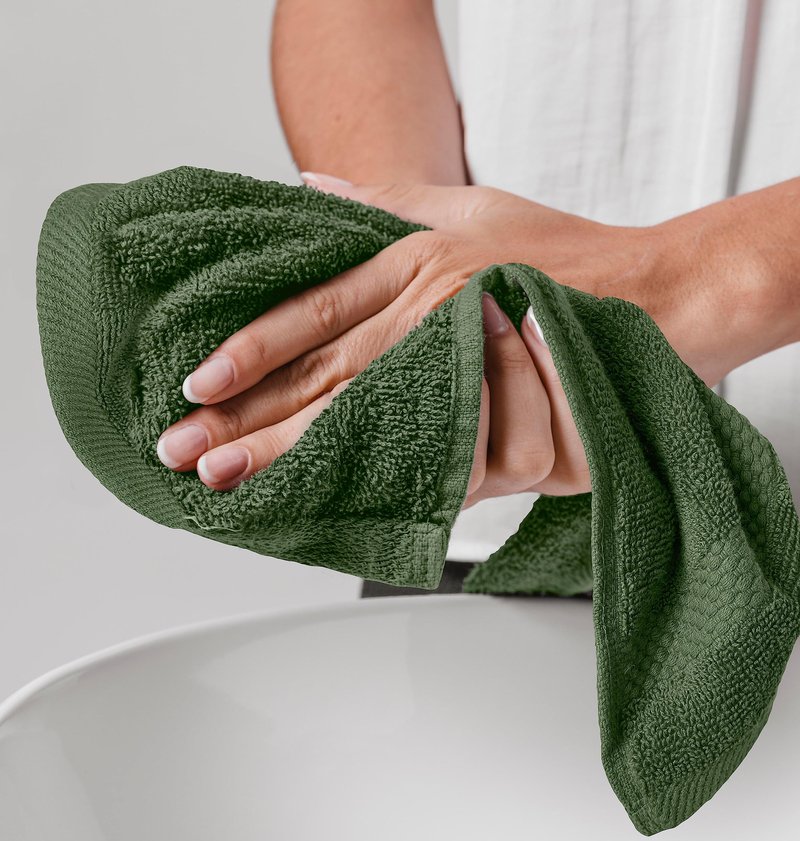 White Classic Luxury Cotton Washcloths 13x13 Inch - 650 GSM Turkish Cotton | Hotel, Spa, Bathroom Face Towel | 12 Pack, Forest Green