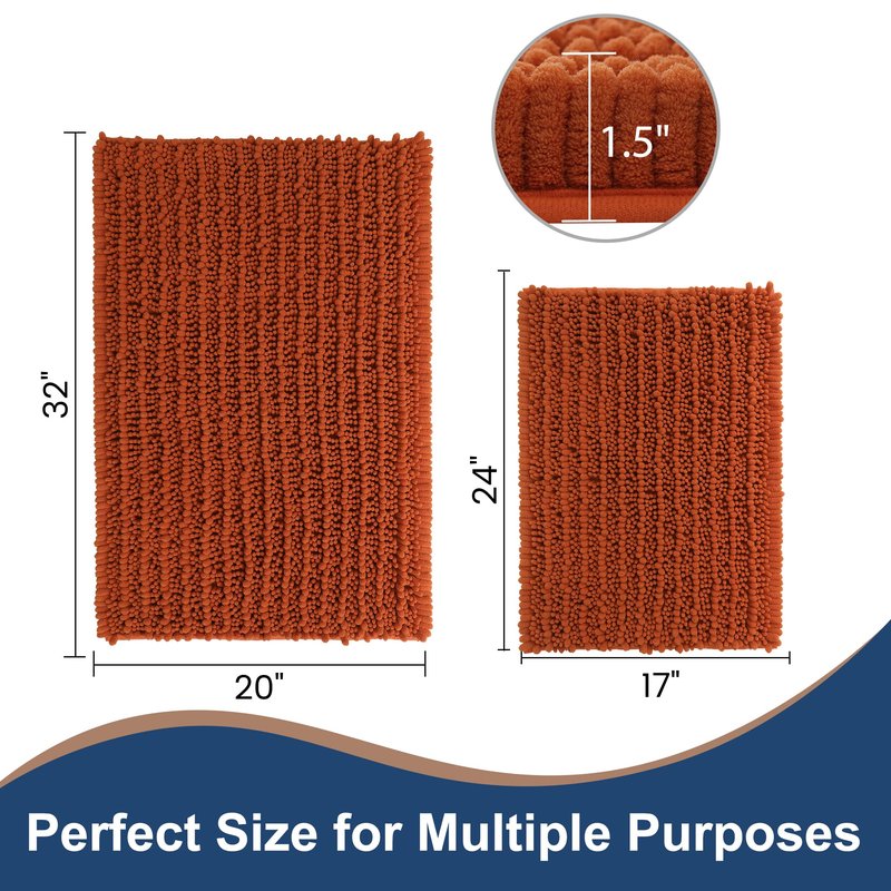 FLOLEOPA Luxury Chenille Burnt Orange Bathroom Rugs Bath Mats Sets, Extra Soft and Absorbent Bathroom Rugs Non Skid Machine Wash Dry Bath Mats(32"x20" Plus 17"x24")